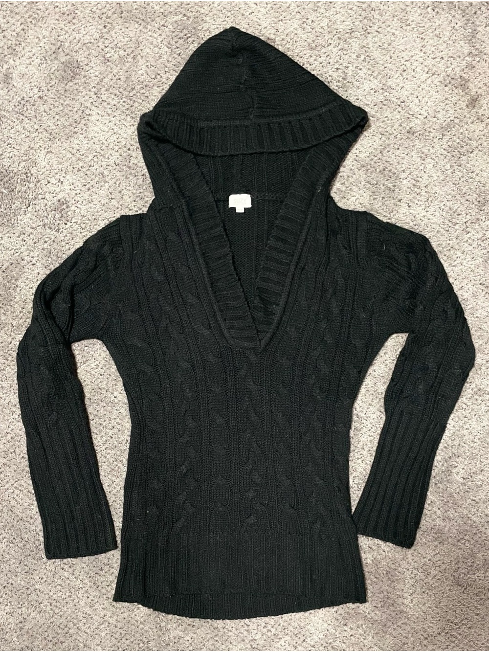 Y2K Suzy Shier Black Hooded Cable Knit Sweater M